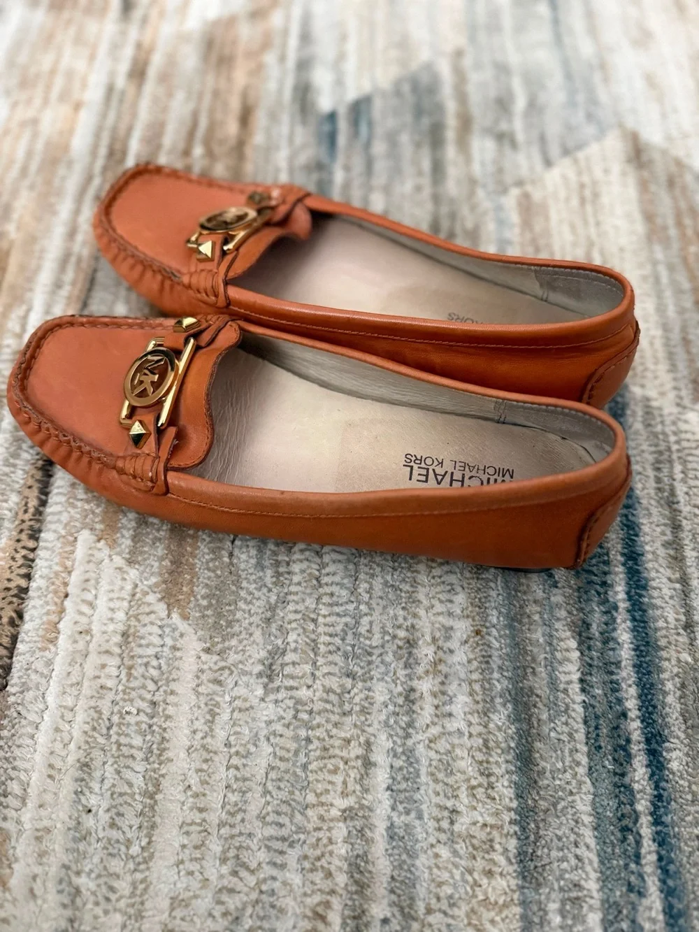 Michael Kors Orange Leather Moccasin Loafers with Gold MK Hardware